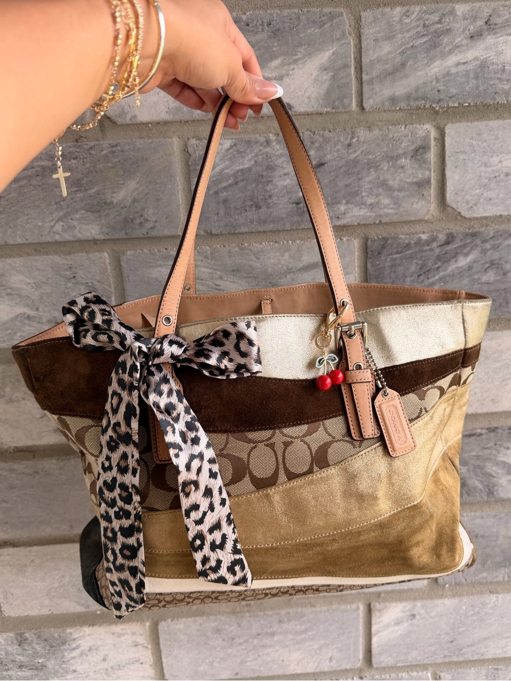 Coach Patchwork Signature Tote in Brown, Tan & Cream with Leopard Y2K Vintage